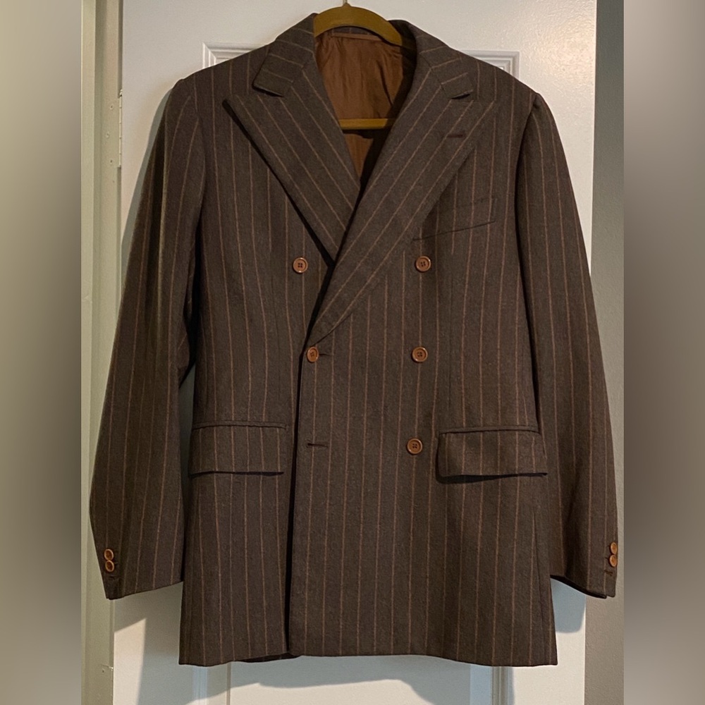 Le dernier cri vintage double breasted coat. Brown pin striped.  Fits size 10 wo